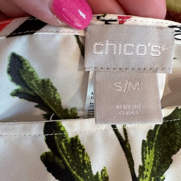 CHICOS WOMENS FLORAL PRINT PONCHO S/M  CORAL GREEN AND WHITE - Picture 7 of 9